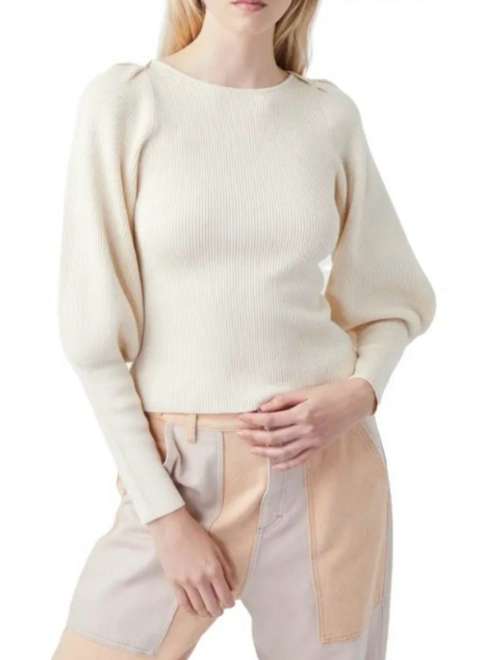 French Connection Cream Ribbed Puff-Sleeve Crew Sweater